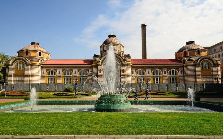Central Mineral Baths in Sofia with fountain, part of self-guided walking tour.