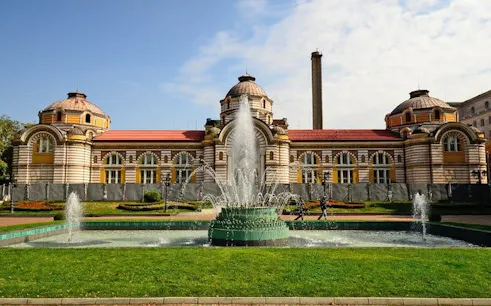 Central Mineral Baths in Sofia with fountain, part of self-guided walking tour.