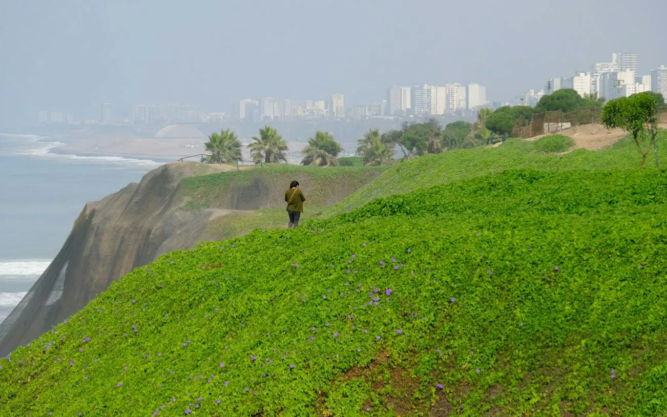 Person walking along the green cliffs of the Malecón in Miraflores, Lima, with city skyline in the background.