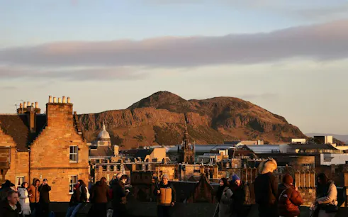 Edinburgh Old Town skyline with Arthur's Seat in the background during a self-guided audio walking tour.