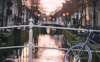 Canal view with bicycle in Delft during sunset on the Delft and Keukenhof Gardens tour from Brussels.