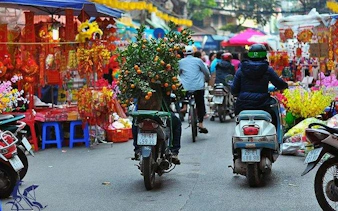 Motorbikes navigate through Hanoi's vibrant Old Quarter market during a cyclo tour.