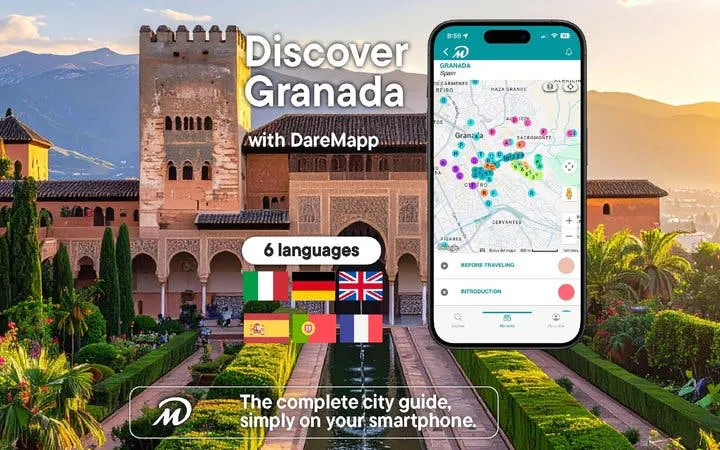 Granada Alhambra view with mobile app map for self-guided walking tour.