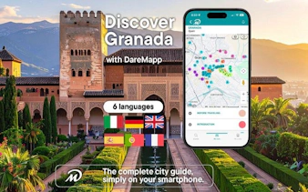 Granada Alhambra view with mobile app map for self-guided walking tour.