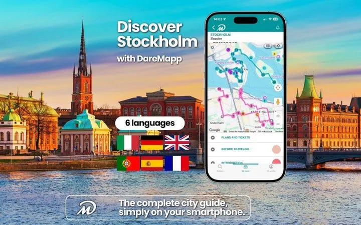 Stockholm cityscape with mobile app interface for self-guided walking tour.