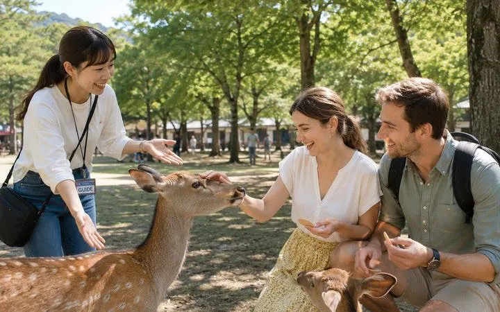 Visitors interacting with deer in Nara Park during a guided tour.