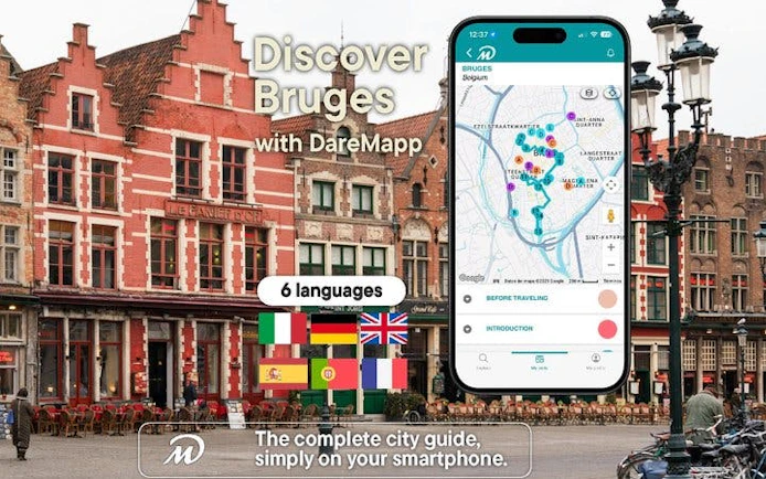 Bruges walking tour app interface with map, flags, and historic buildings.