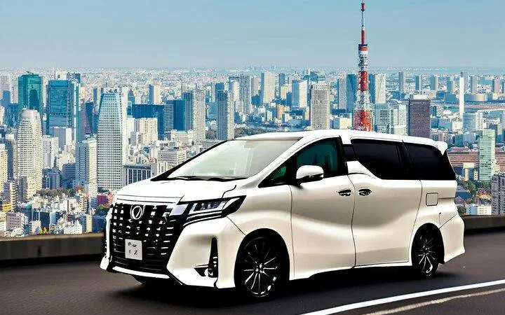 Private car in front of Tokyo skyline with Tokyo Tower, for 5-hour charter and airport transfer.