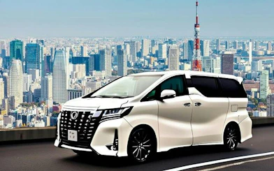 Private car in front of Tokyo skyline with Tokyo Tower, for 5-hour charter and airport transfer.