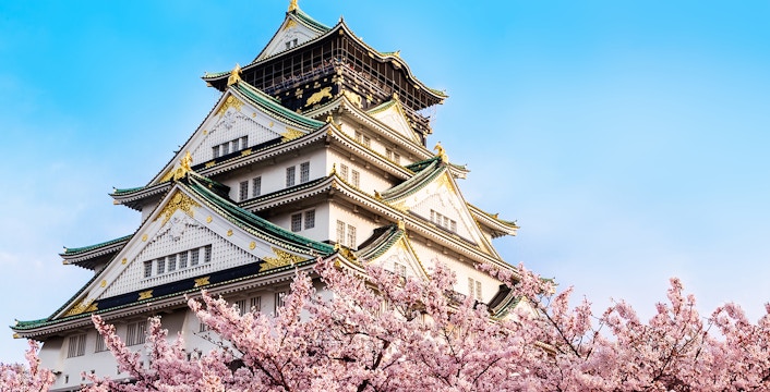 Kansai Thru Pass with view of Osaka Castle and cherry blossoms in Japan.