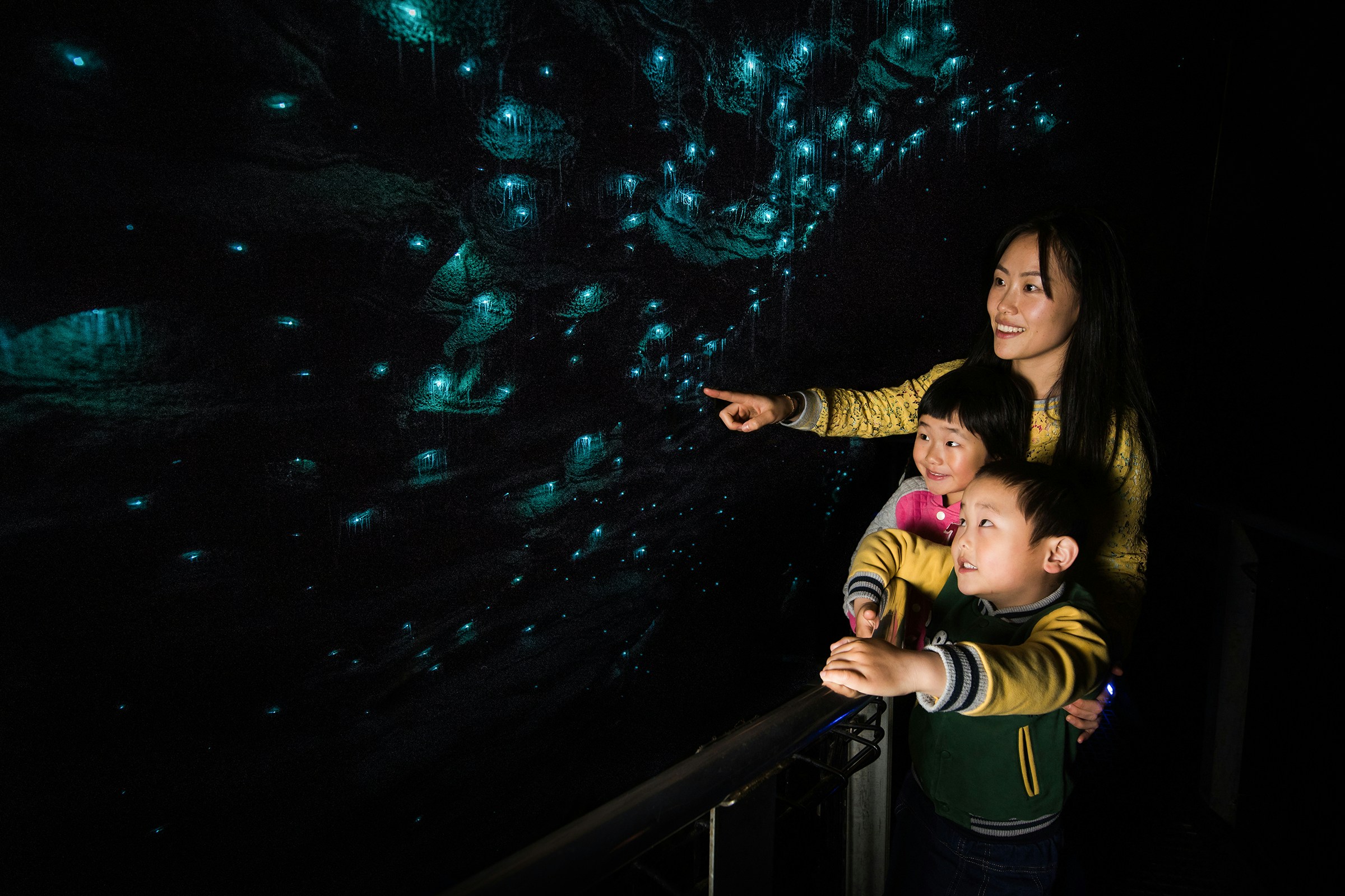 Family observing glowworms in Waitomo Caves, New Zealand.