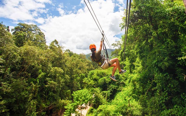 Person ziplining through lush forest at Waitomo Caves Zipline Park.