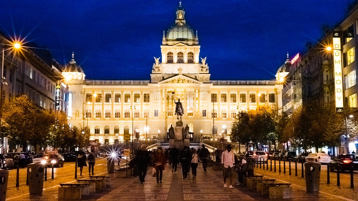 National Museum Prague exterior with historical architecture and visitors exploring the entrance.