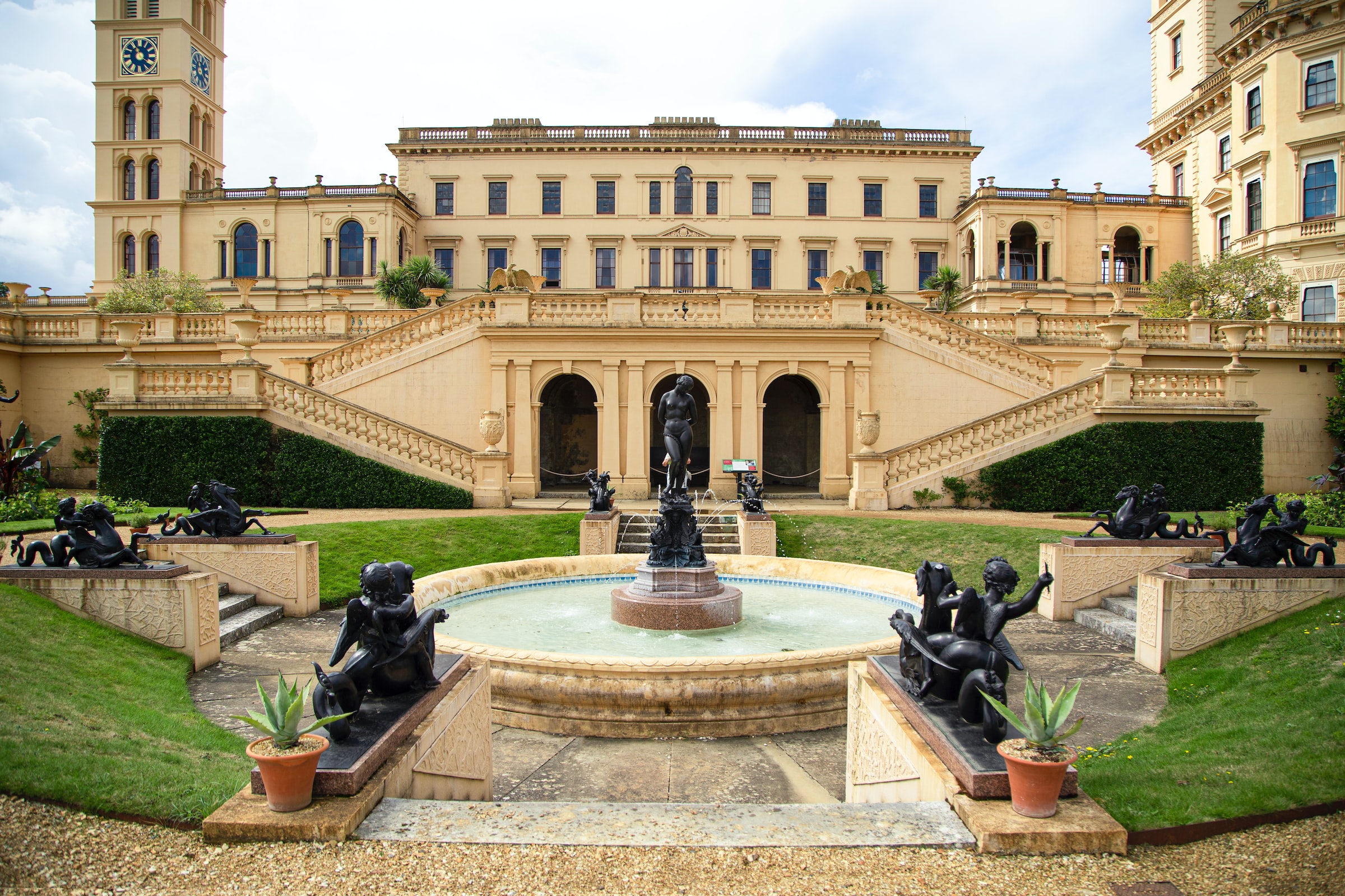Osborne House garden with fountain and statues, Isle of Wight.