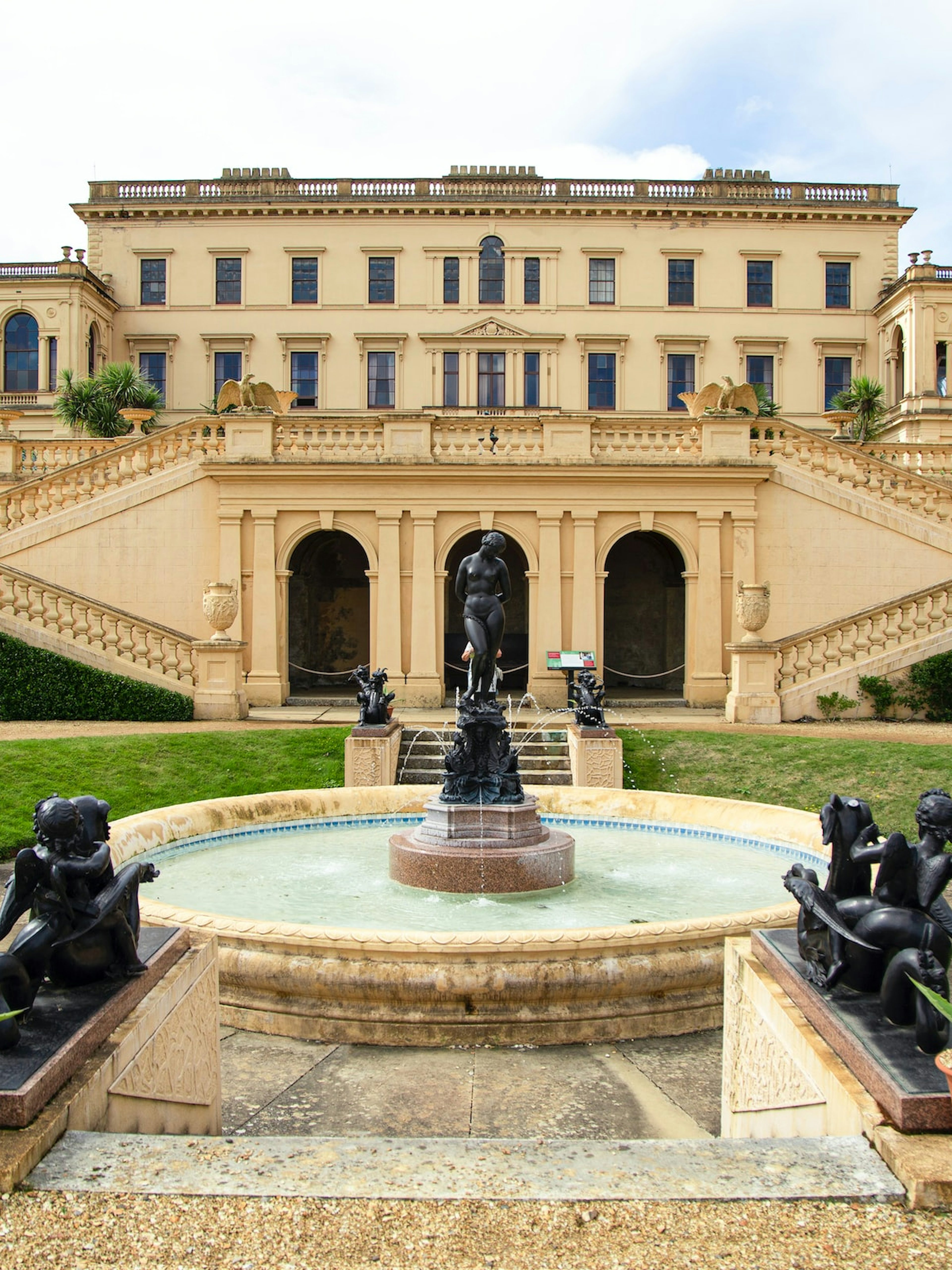 Osborne House garden with fountain and statues, Isle of Wight.