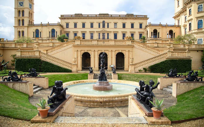 Osborne House garden with fountain and statues, Isle of Wight.