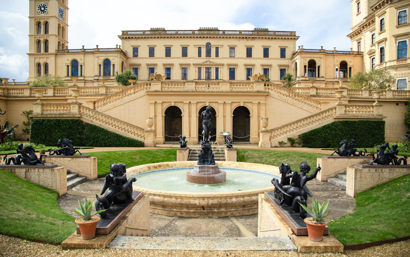 Osborne House garden with fountain and statues, Isle of Wight.