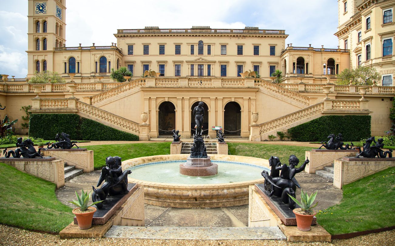 Osborne House garden with fountain and statues, Isle of Wight.
