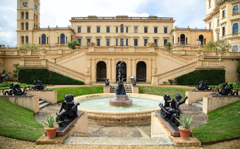 Osborne House garden with fountain and statues, Isle of Wight.