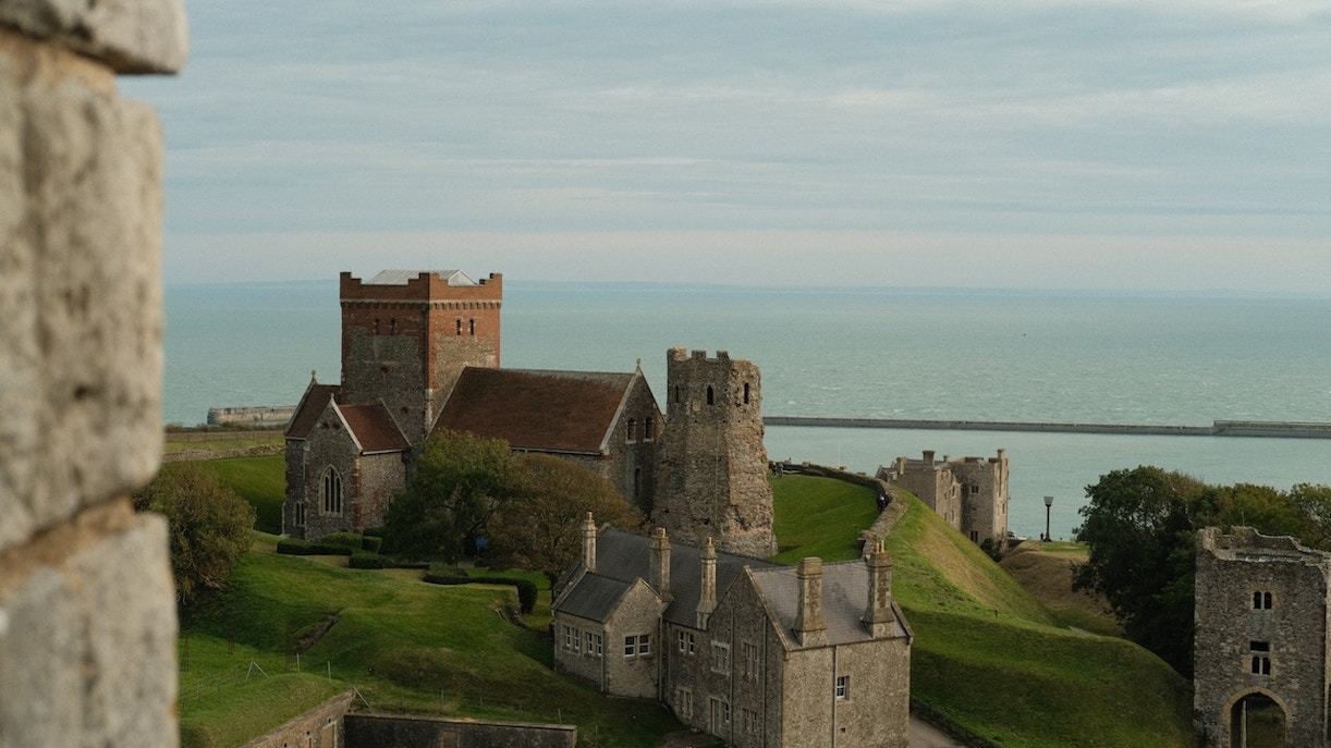 Dover Castle with medieval towers overlooking the English Channel.