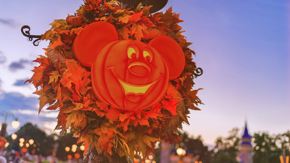 Mickey Mouse pumpkin decoration at Disneyland Paris during Halloween.