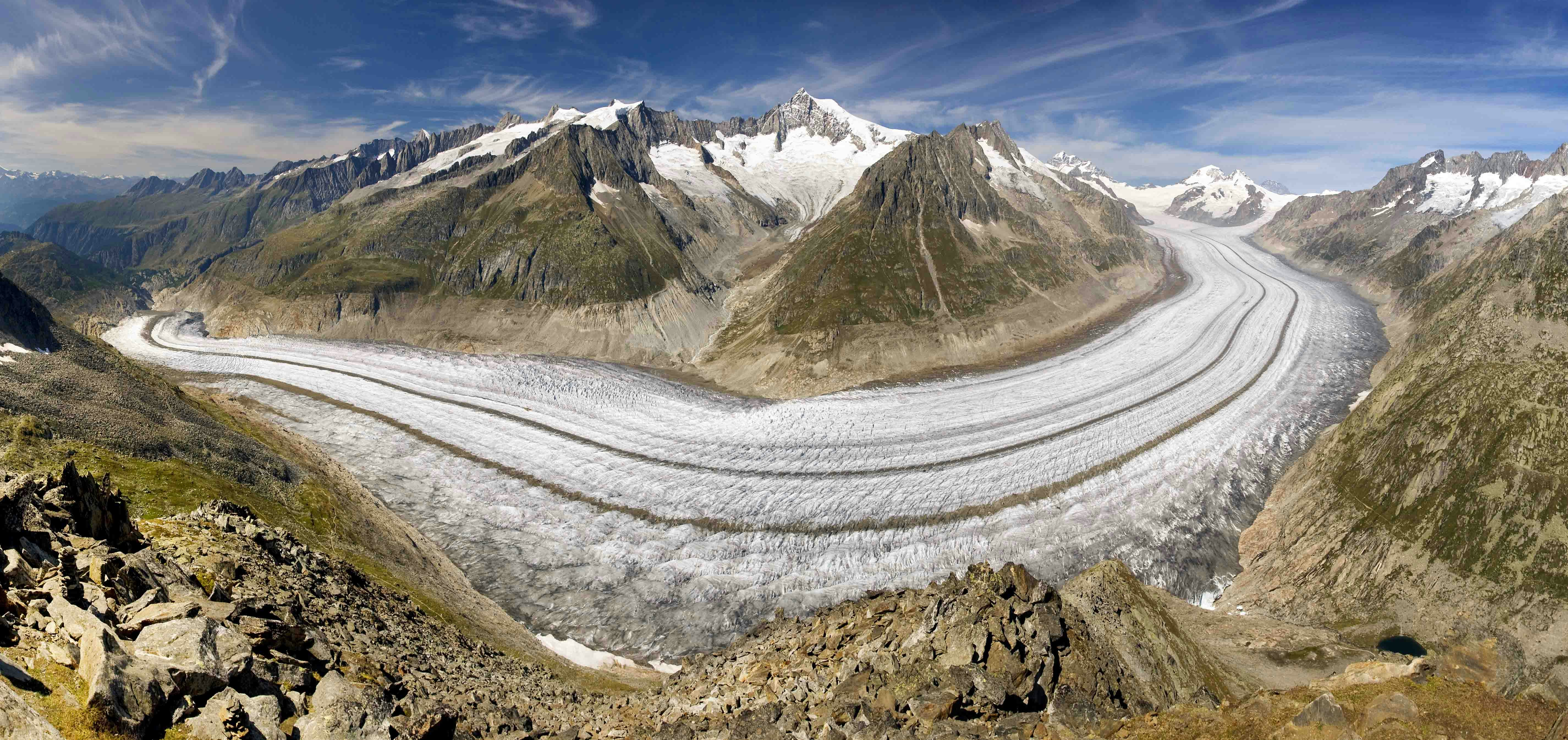 Aletsch Glacier winding through the Swiss Alps on the Interlaken Mountain Excursion.