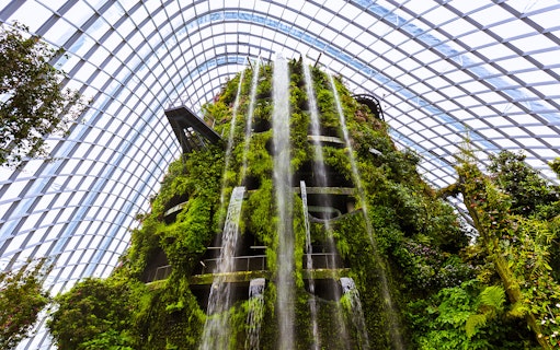 Vertical garden and waterfall inside Cloud Forest Dome, Gardens by the Bay, Singapore.