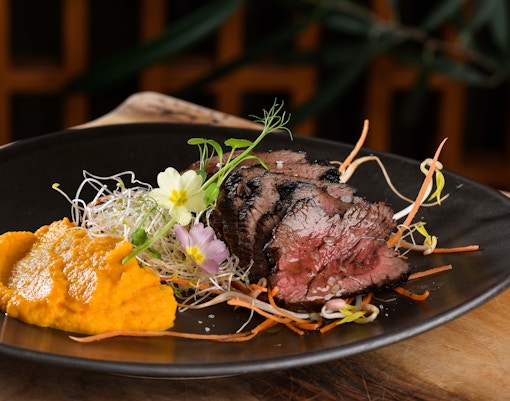 Auberge de Cendrillon restaurant's Roast beef with seasonal vegetables and crème brûlée at Disneyland Paris.