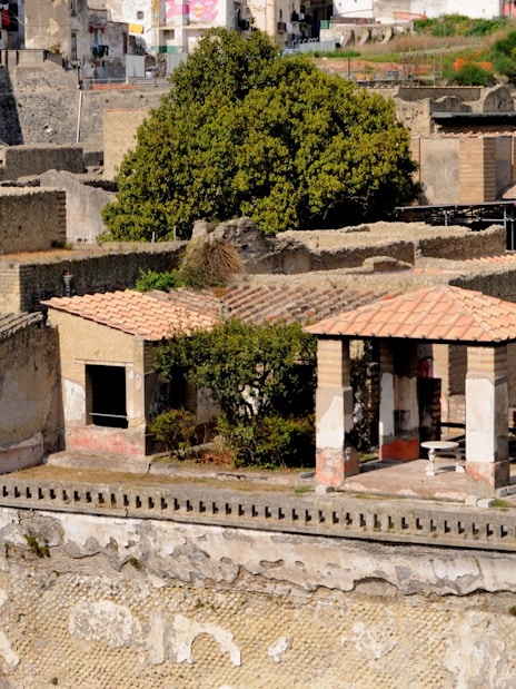 Herculaneum's House of the Deer with ancient Roman architecture and garden.