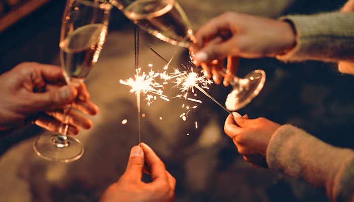 Champagne glasses and sparklers at New Year party in Budapest's Akvarium.