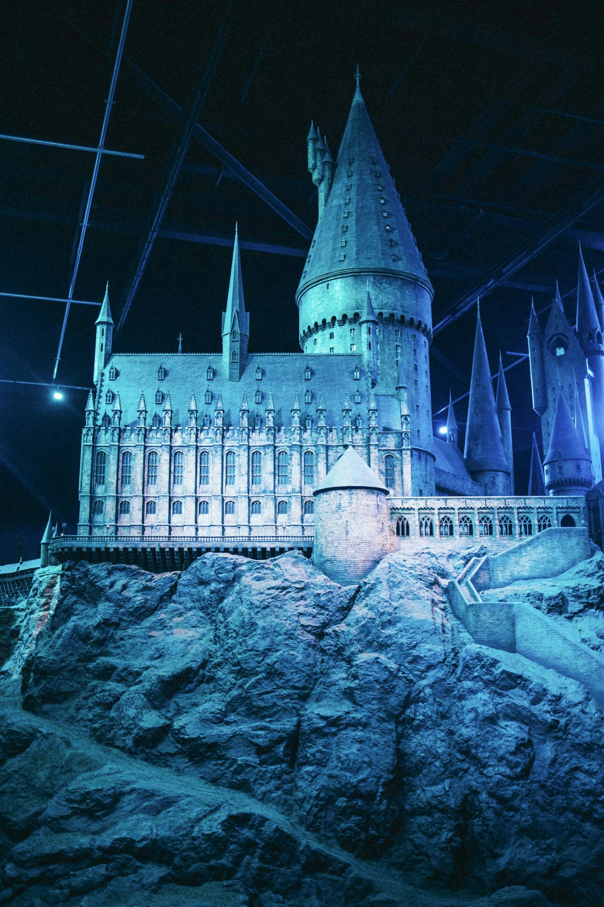 Hogwarts castle model decorated for Christmas at Harry Potter Studio, London.