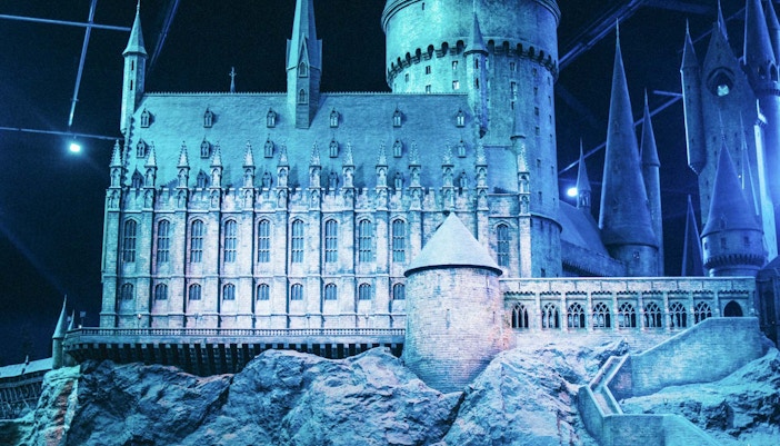 Hogwarts castle model decorated for Christmas at Harry Potter Studio, London.