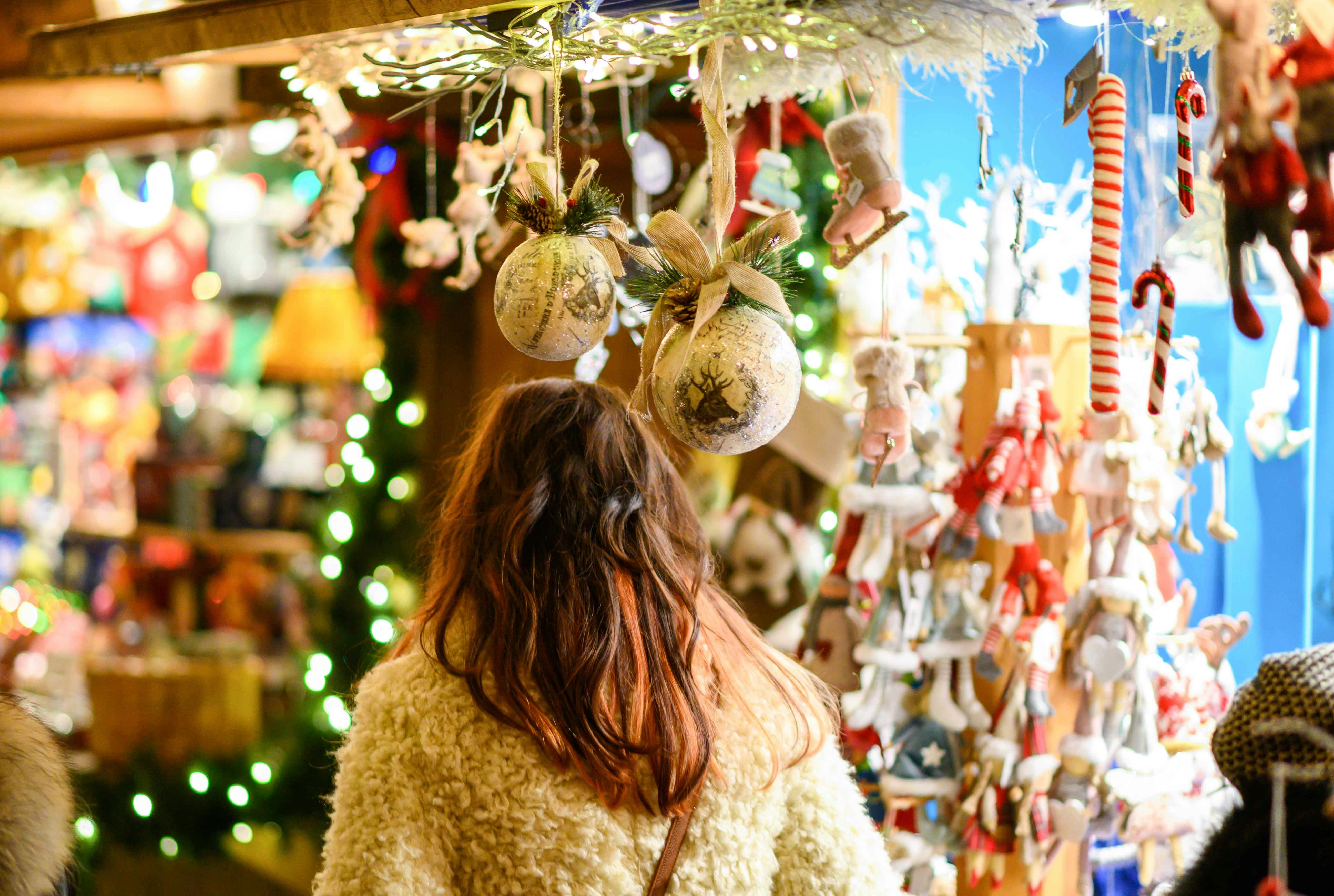 Christmas market in Amsterdam with festive decorations and ornaments.