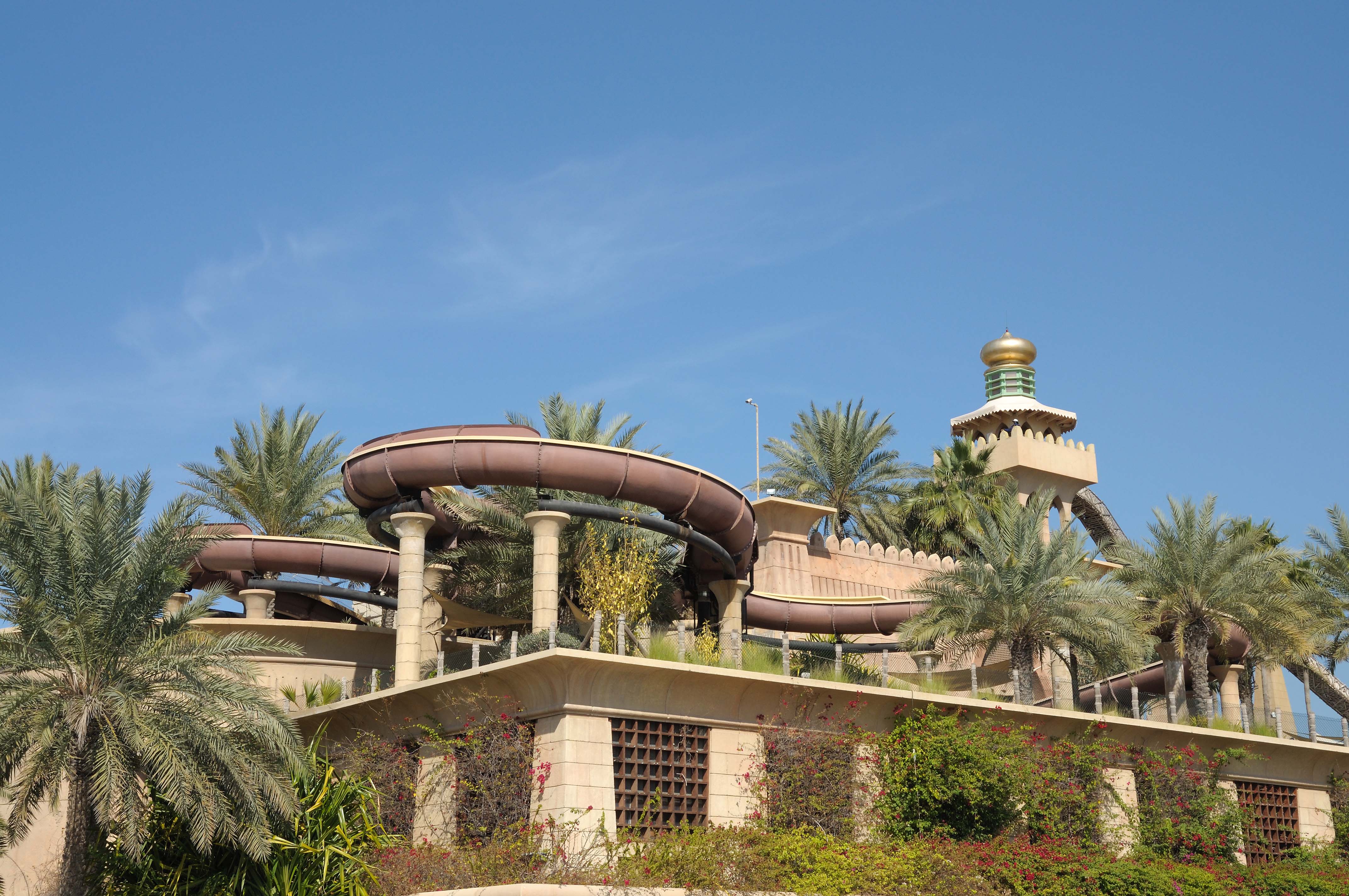 Wild Wadi Waterpark view with slides and pools in Dubai, UAE.