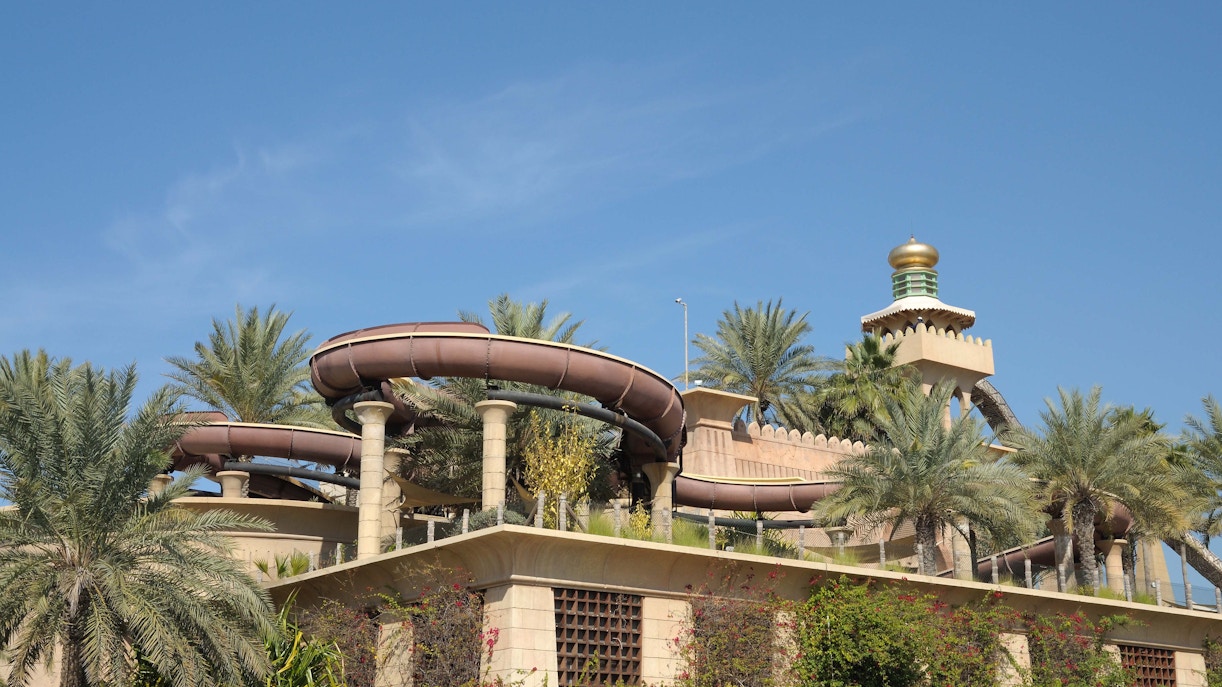 Wild Wadi Waterpark view with slides and pools in Dubai, UAE.