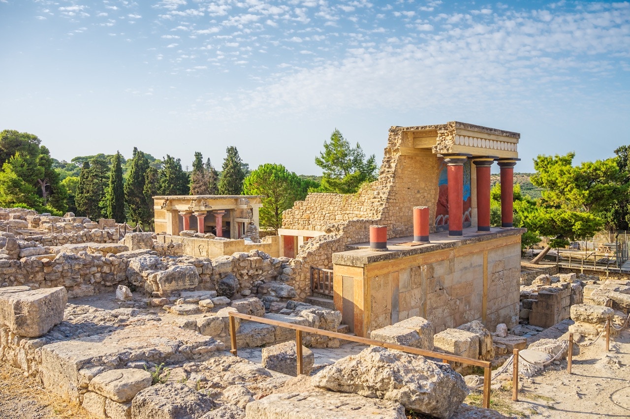 Knossos Palace ruins in Heraklion, Crete, showcasing ancient Minoan architecture.