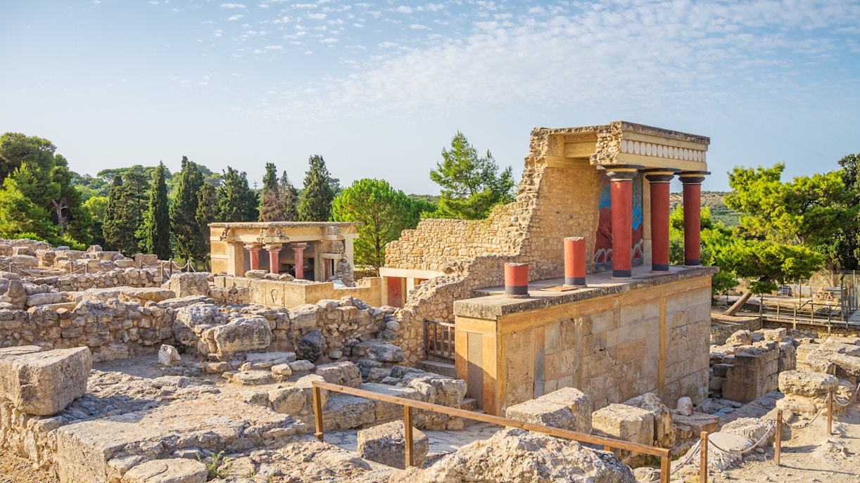 Knossos Palace ruins in Heraklion, Crete, showcasing ancient Minoan architecture.