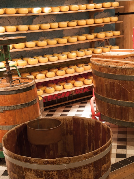 Cheese wheels aging on shelves at Volendam Cheese Factory with wooden vats in foreground.