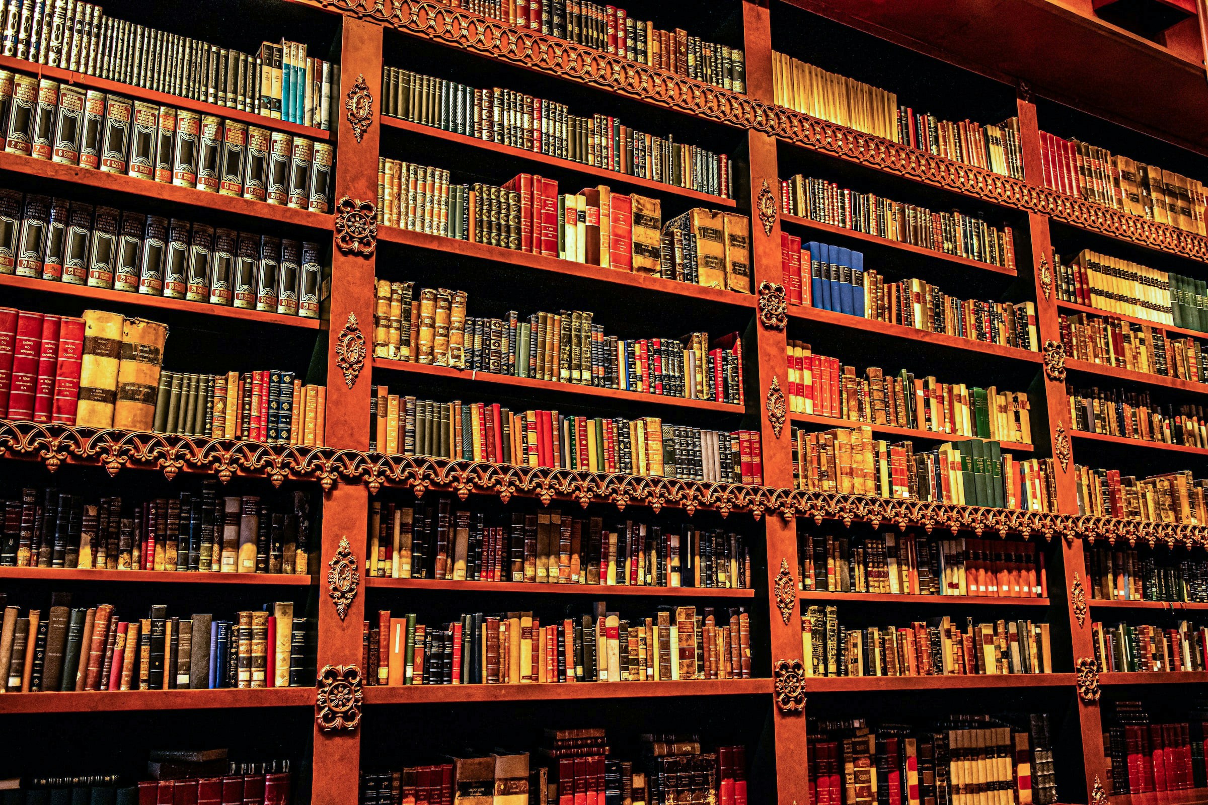 Bookshelves filled with historical volumes in Westminster Abbey Library, London.