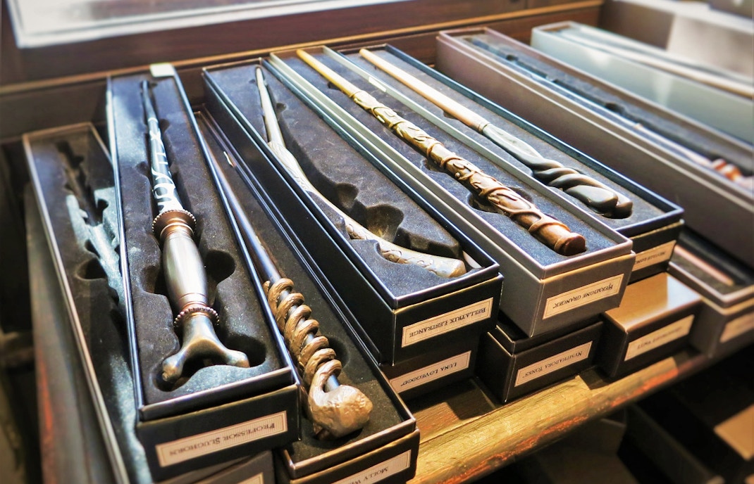 Wands displayed in boxes at Harry Potter Studio Shop.