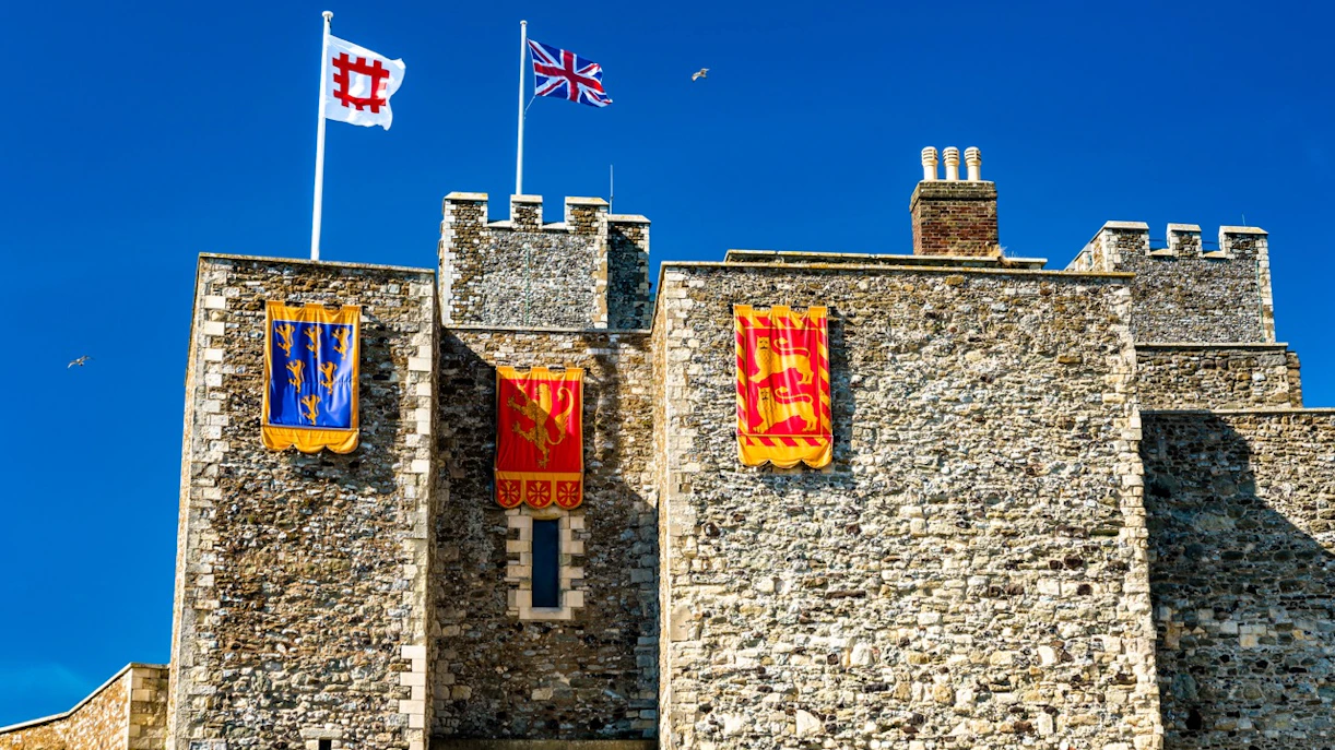 Dover Castle Roman Great Tower with flags and banners.