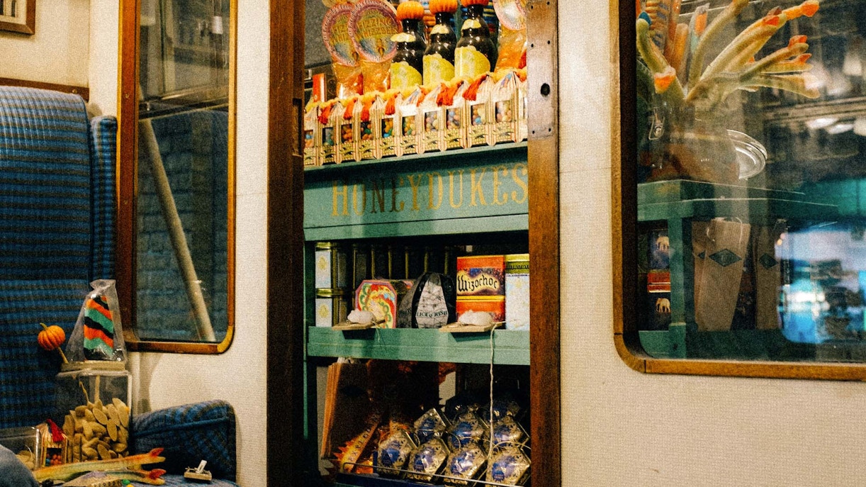 Harry Potter Studio shop with wands and merchandise on display, London, UK.