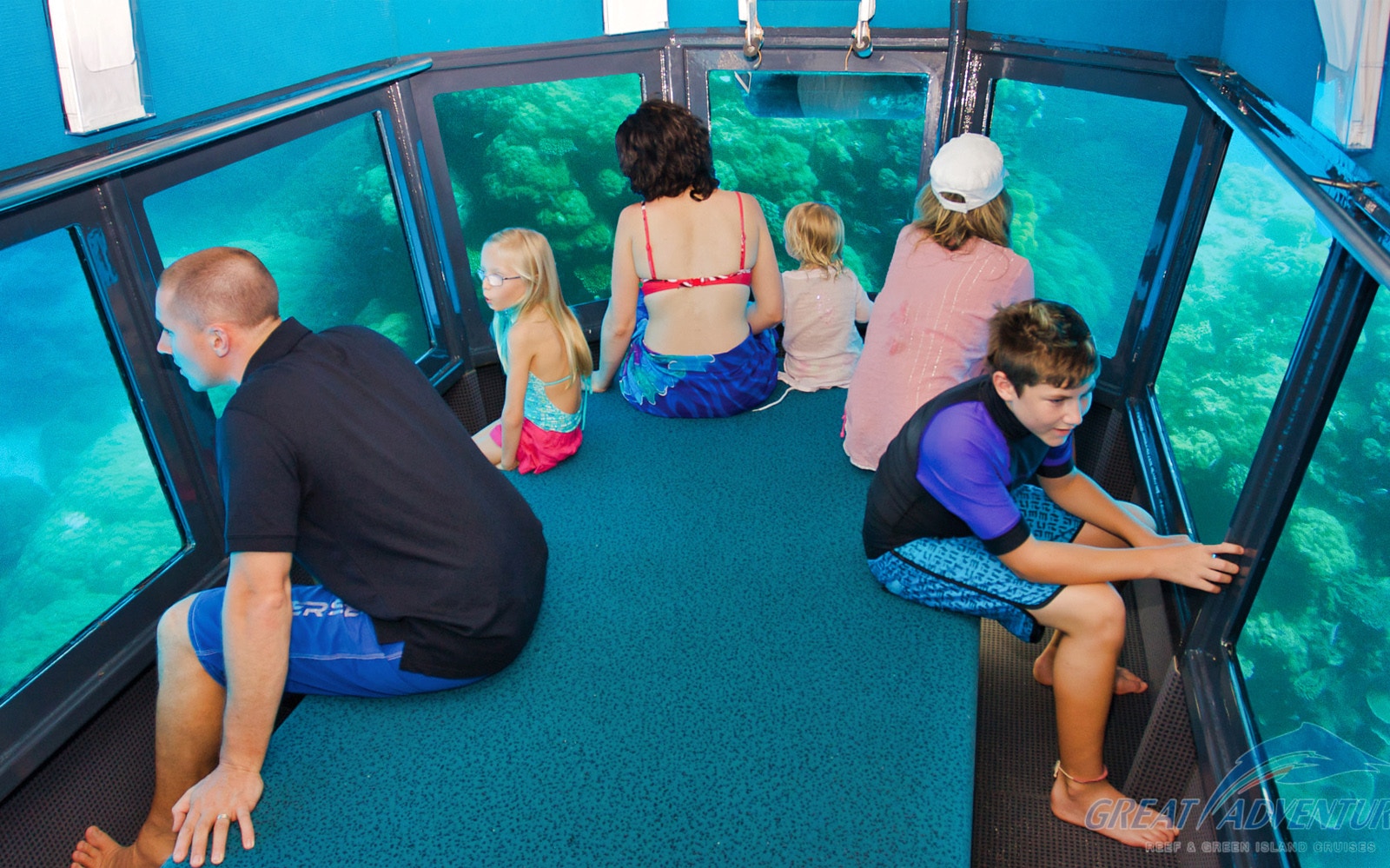 Semi-submarine ride at Green Island, Great Barrier Reef, showcasing vibrant coral and marine life.