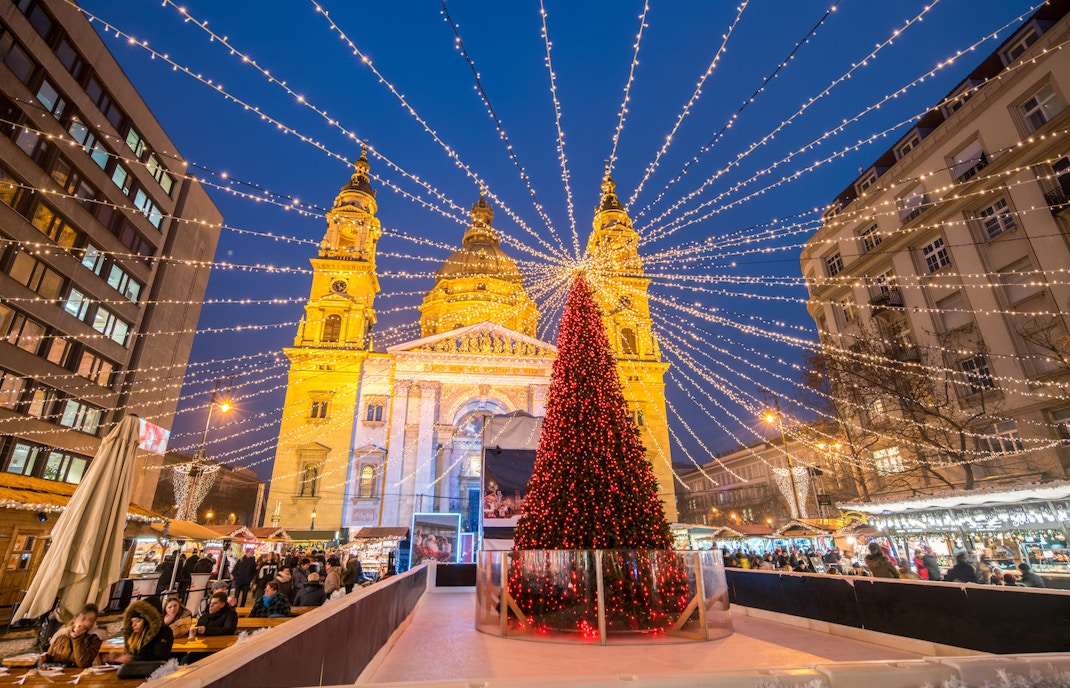 St. Stephen's Basilica with Christmas market and lights in Budapest.