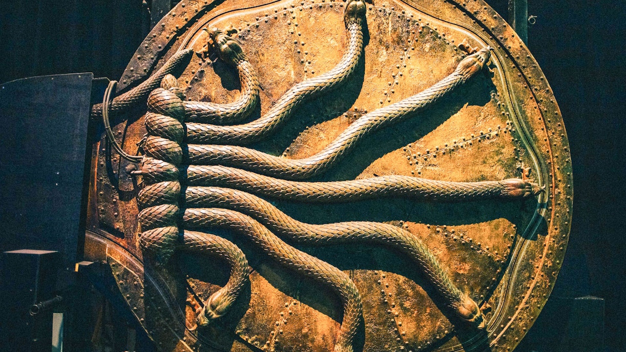 Chamber of Secrets door with snake carvings, Harry Potter set, London.