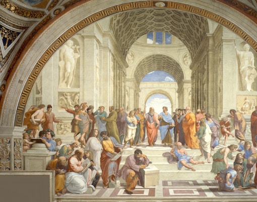 School of Athens in the Raphael Room, a frescoe in Vatican Museum, showcasing intricate Renaissance art.