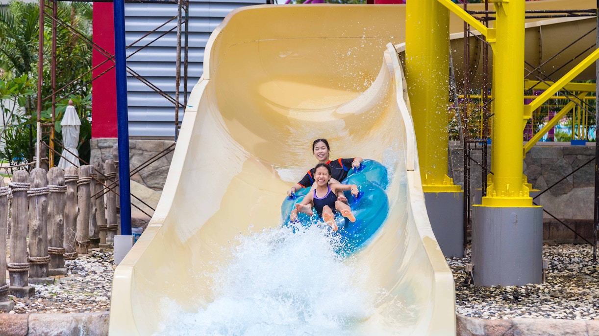 Visitors enjoying the Burj Surj water slide at Wild Wadi Waterpark, Dubai.