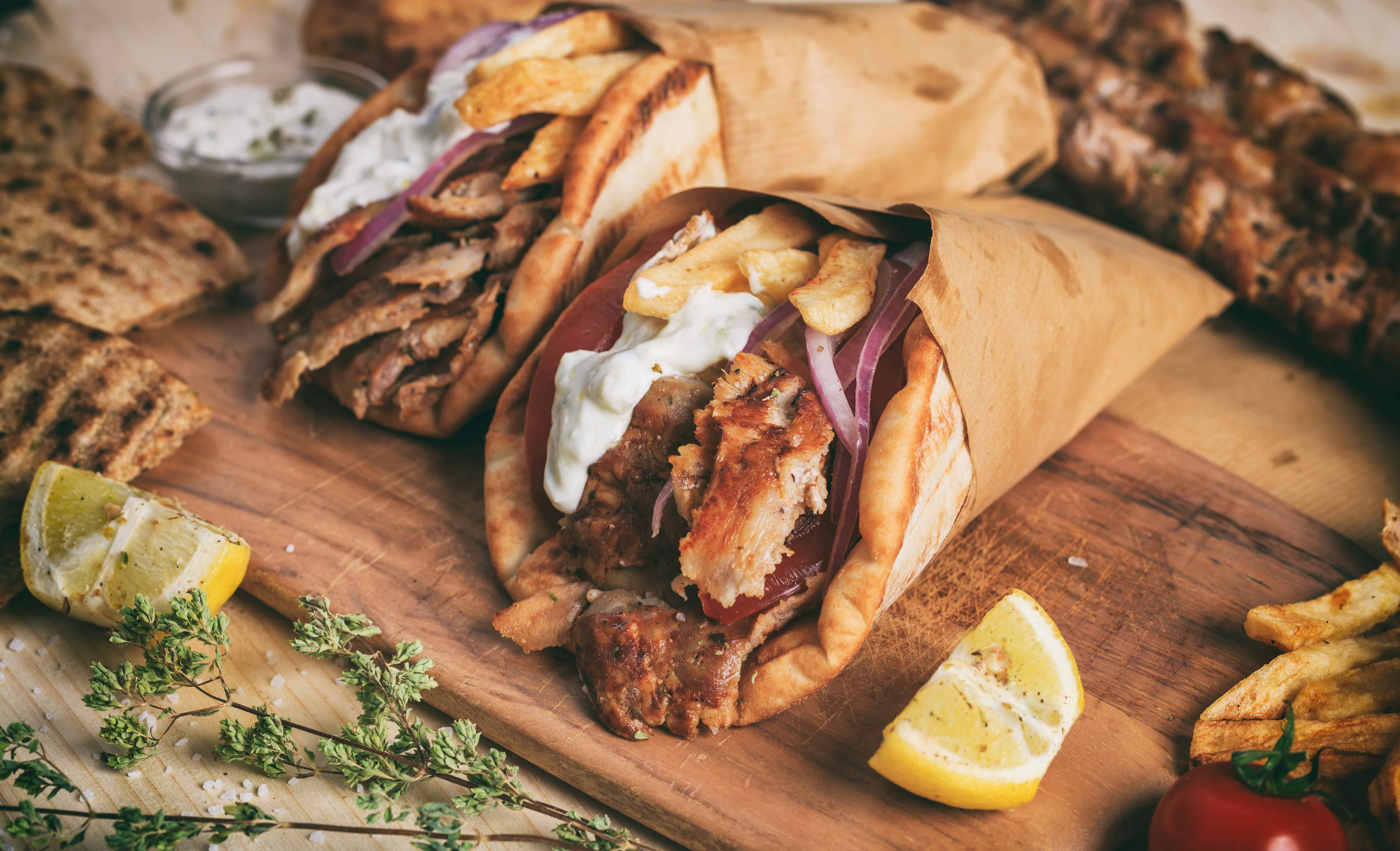 Shawarma wrap with vegetables at IMG Worlds of Adventure dining area, Dubai.