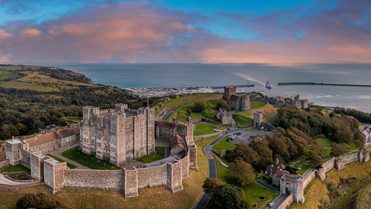 Aerial view of Dover Castle overlooking the English Channel in Dover, England.