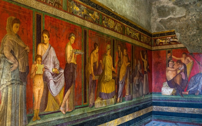 Frescoes depicting ancient rituals in the Villa of the Mysteries, Pompeii.